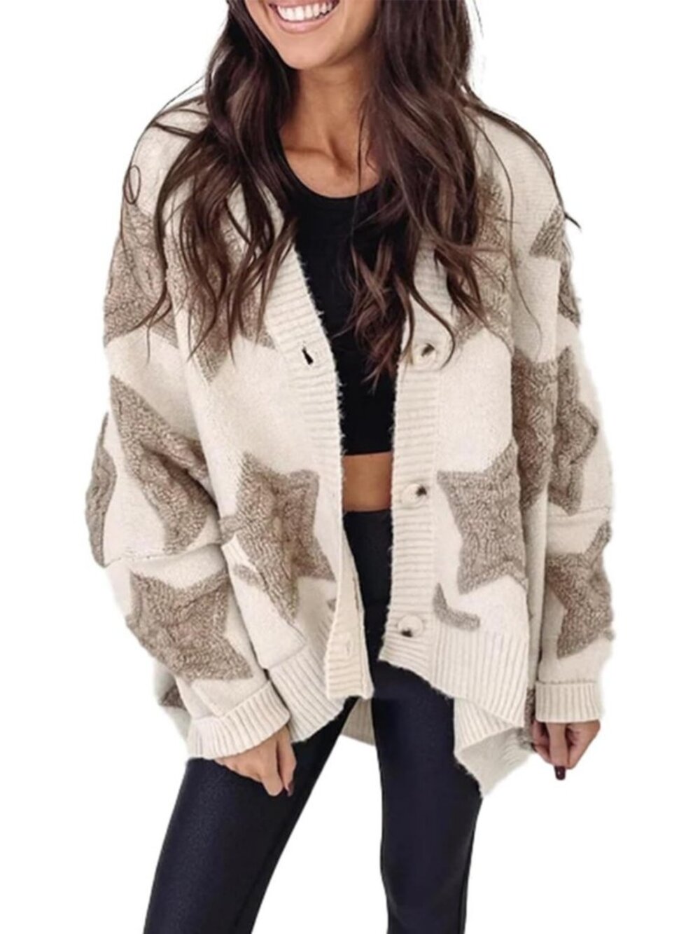 Cozy Star Print Sherpa Knit Cardigan with Pockets for Women - Stylish Layering